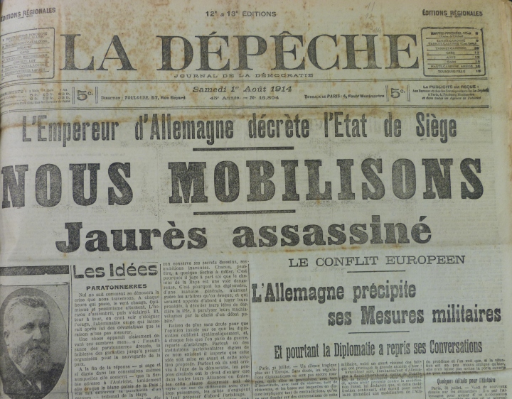 La Une de La Dépêche du 1er août 1914. Collection des Archives municipales de Castres.